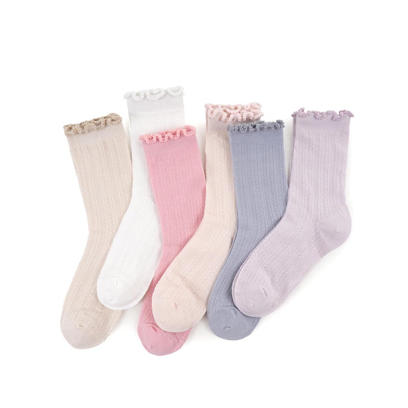 ARBINSON 6 Pairs Ruffle Socks for Womenï¼ŒFrilly Socks Womenï¼ŒSolid Color Cute Ankle Lettuce Edge Soft Crew Socksï¼ˆWhite/Oatmeal/Dusty Pink/Light Pink/Blue/Purpleï¼‰ - Image 1