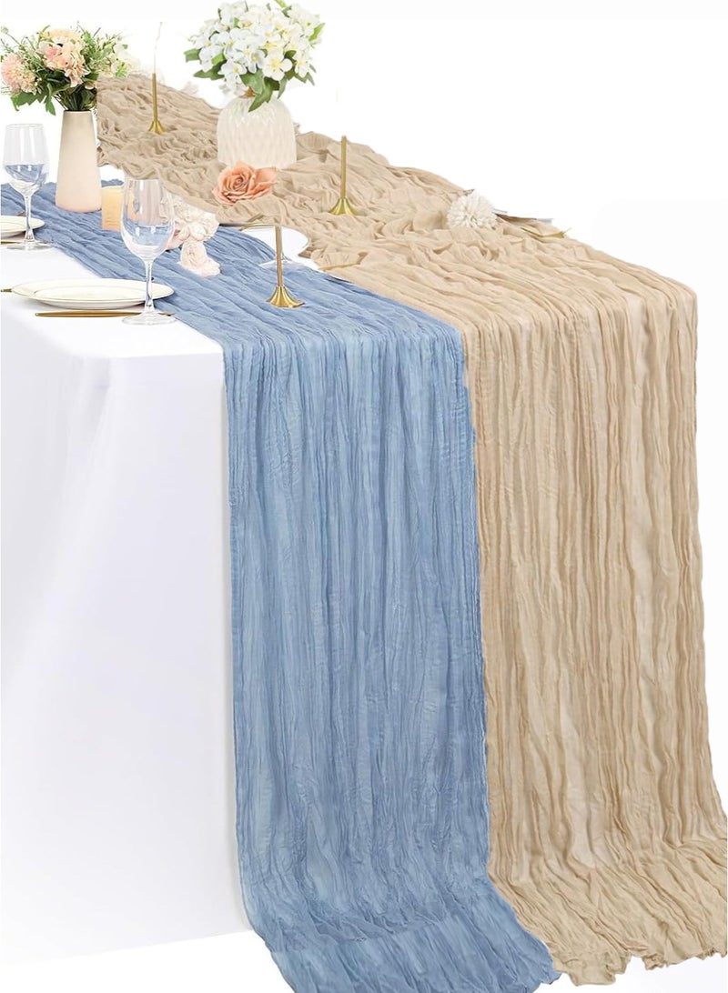 2 قطعة مفرش طاولة من الشاش، 300*90 سم مفرش طاولة لحفلات الزفاف، حفلات الاستقبال، حفلات الترحيب، حفلات أعياد الميلاد، تزيين طاولات العشاء، مفرش طاولة طويل، أزرق وكاكي فاتح - Image 1