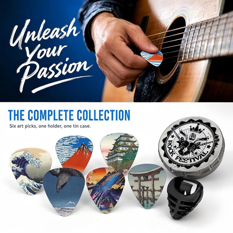 Miwayer ريش جيتار ميوير - متوسطة، 6 قطع فنية رائعة في علبة معدنية مع حامل ريش أسود، هدية فريدة لعشاق الجيتار الباس والكهربائي والأكوستيك (عمارة يابانية) - Image 4