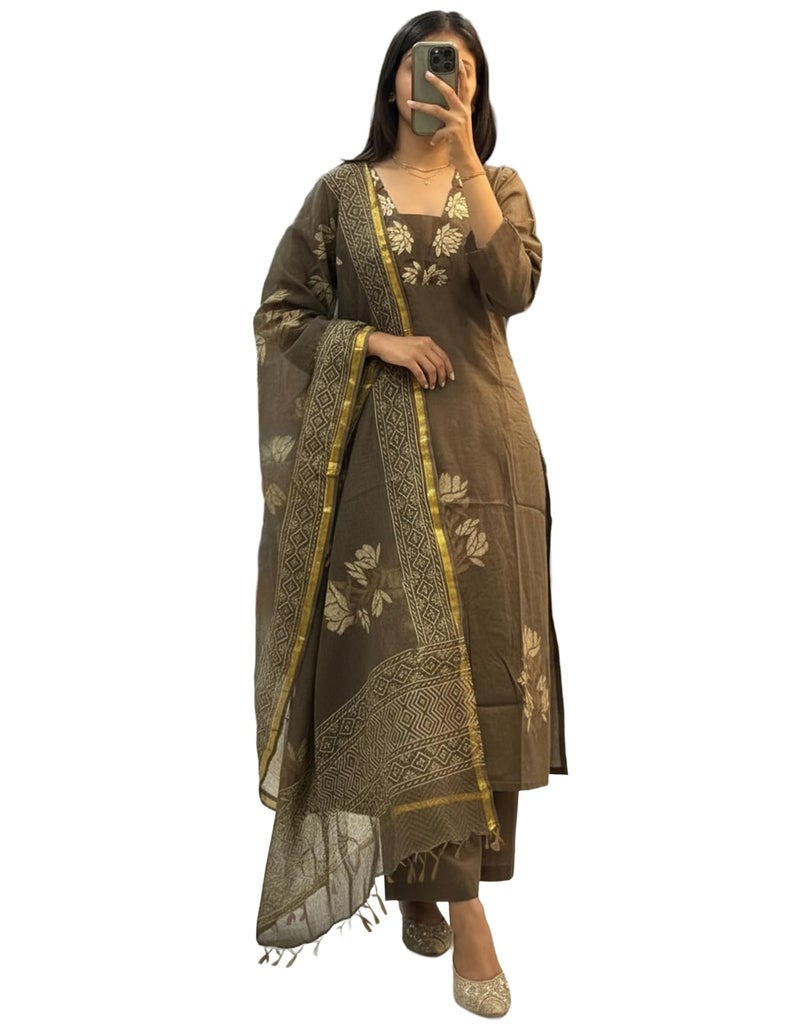 ANNI Designer Women's Rayon Viscose Straight Printed Kurta with Pant & Dupatta (Dare Brown_S_Brown_Small) - Image 1