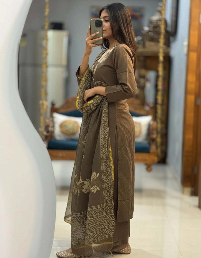 ANNI Designer Women's Rayon Viscose Straight Printed Kurta with Pant & Dupatta (Dare Brown_S_Brown_Small) - Image 3