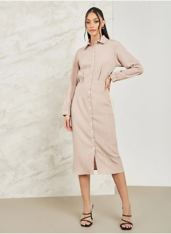 Styli Textured Button Front Shirt Midi Dress