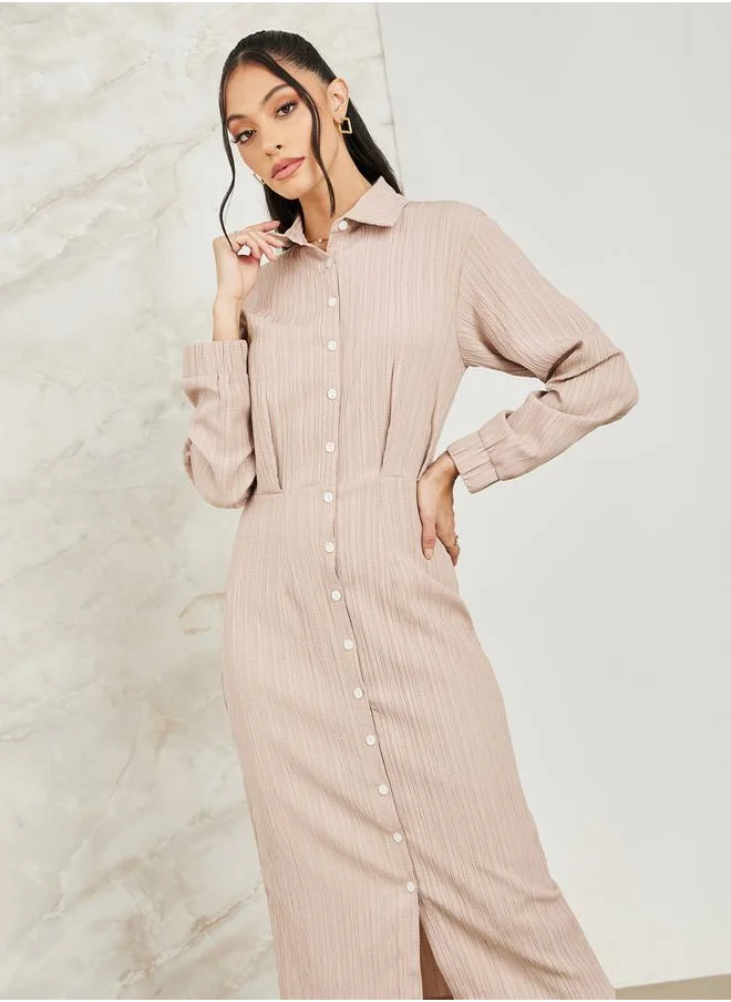 Styli Textured Button Front Shirt Midi Dress