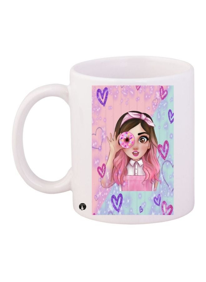 RYN Cartoon Girl Printed Coffee Mug White/Pink/Blue 11ounce