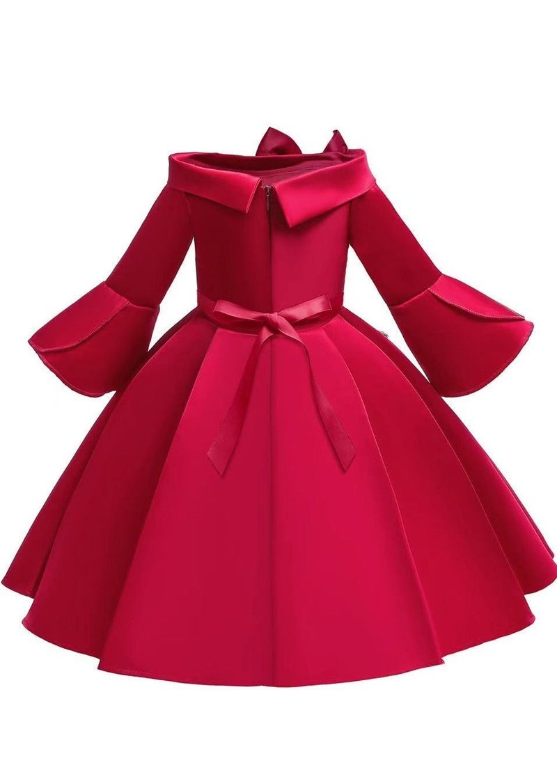 Best Gift Fashion - Half Sleeve Satin Elegent Lace Flower Girls Dress Red Color - Image 1