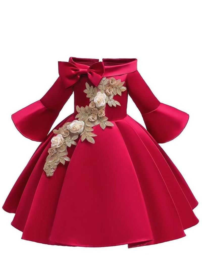 Best Gift Fashion - Half Sleeve Satin Elegent Lace Flower Girls Dress Red Color - Image 1