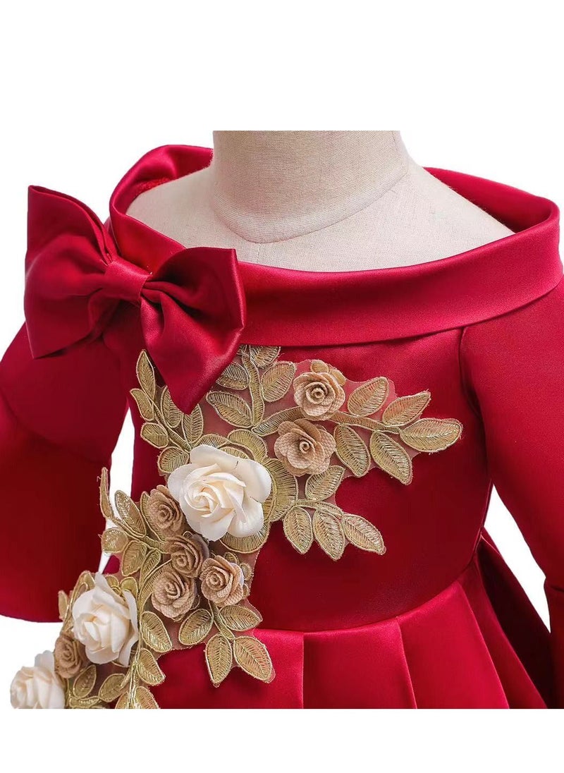 Best Gift Fashion - Half Sleeve Satin Elegent Lace Flower Girls Dress Red Color - Image 1