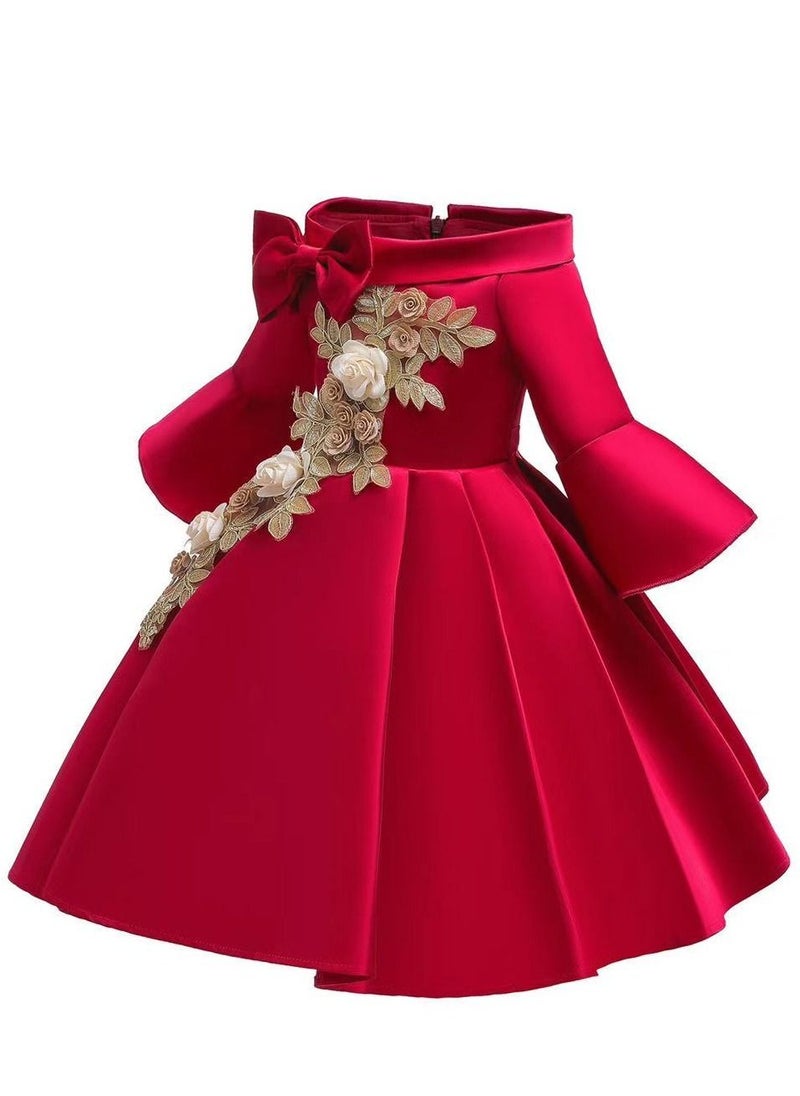 Best Gift Fashion - Half Sleeve Satin Elegent Lace Flower Girls Dress Red Color - Image 1