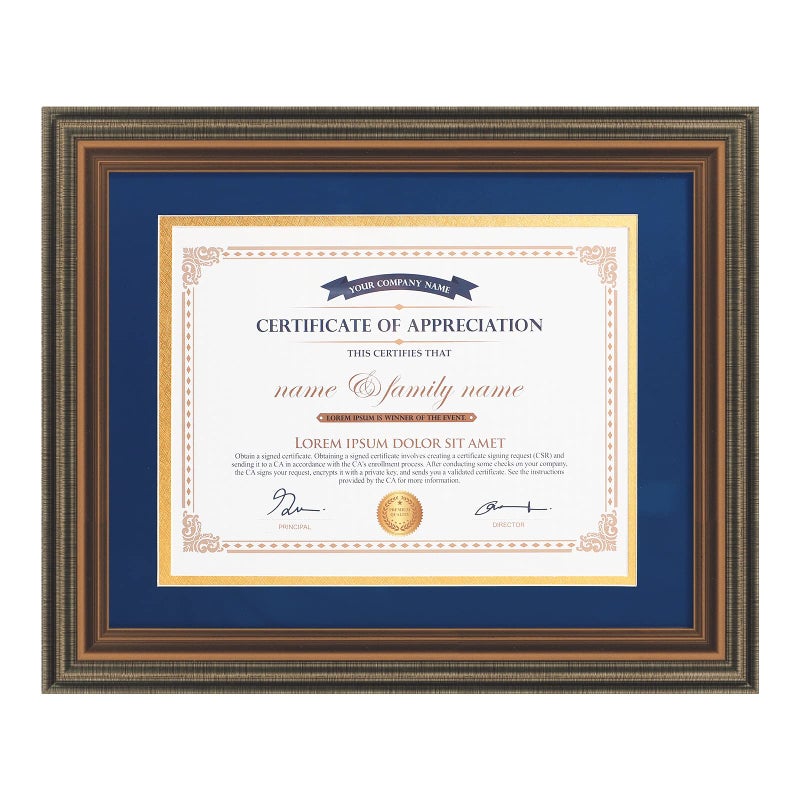 XUANLUO XUANLUO 11x14 Picture Frames Certificate Document Frame with Tempered Glass Wood Grain Color Diploma Frames 85x11 with Blue Mat for Wall and Tabletop Brown 1Pack 