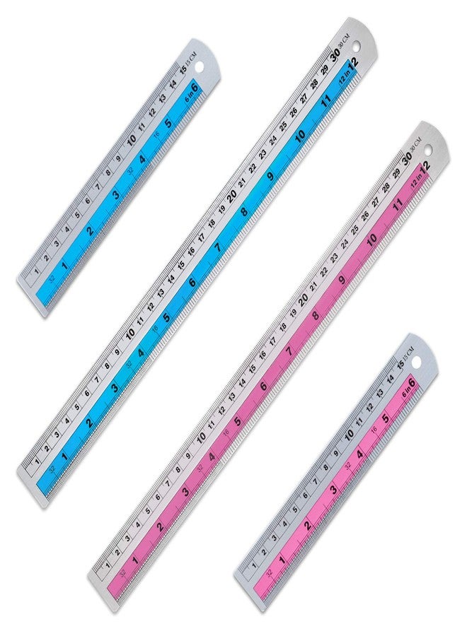 FUTGLOBAL 4 Pack Metal Ruler, 6 Inch & 12 Inch Straight Edge Measuring Tool, Stainless Steel Rulers for Kids, Student, School, Office (Blue & Pink) - Image 1