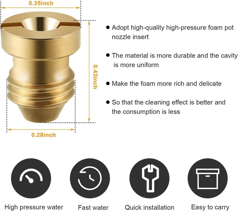 Hotop 4 Pieces 1.1 mm Foam Cannon Orifice Nozzle and 10 Pieces Maker, High Replacement Thread Nozzle 3000 PSI for Snow Lance Supplies (Gold) - Image 2