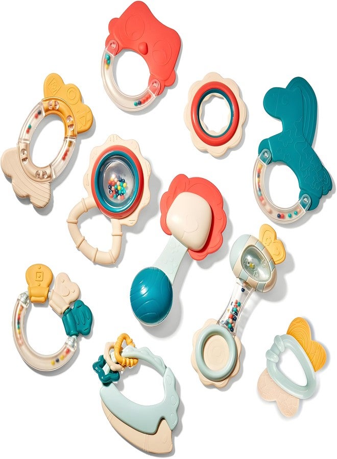 Cable World 10 pc Baby Rattles Teething Toys , Newborn Toys 6-12 Months, Teether Grasping Shaker Toy Baby Gifts 3-12 Month Old Must Haves Montessori Rattle for Babies - Food Grade Material - Image 1