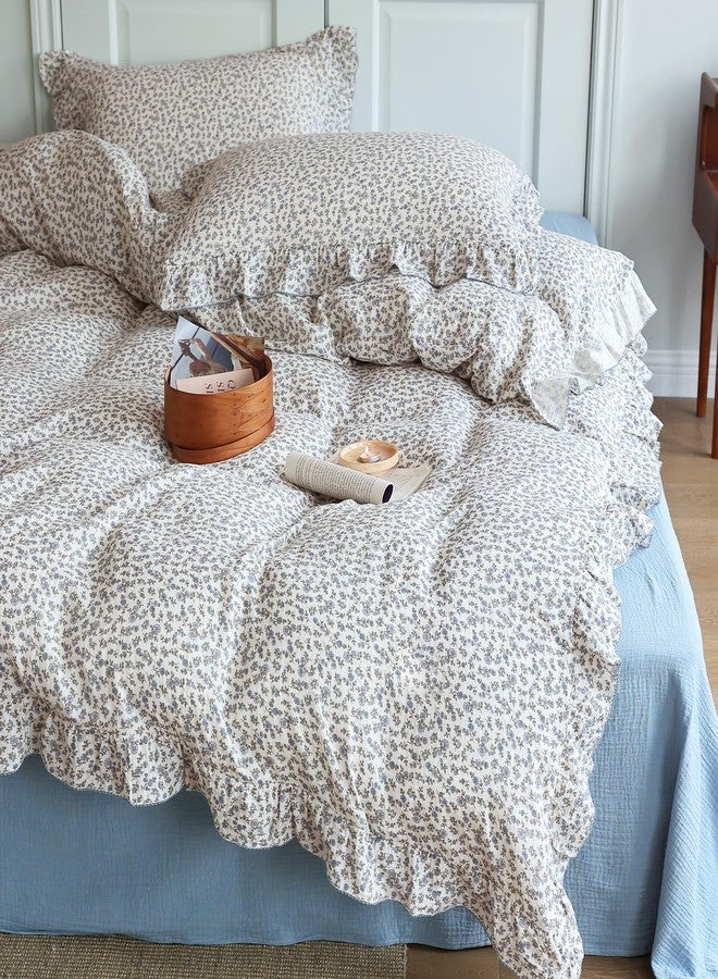 BuLuTu Chic Shabby Floral Girls Boys Duvet Cover Twin Size, Blue Flower Print Kids Duvet Cover Cotton Muslin Soft Breathable Ruffled Quilt Cover Children Bedding, Zipper Closure, No Pillowcase - Image 3