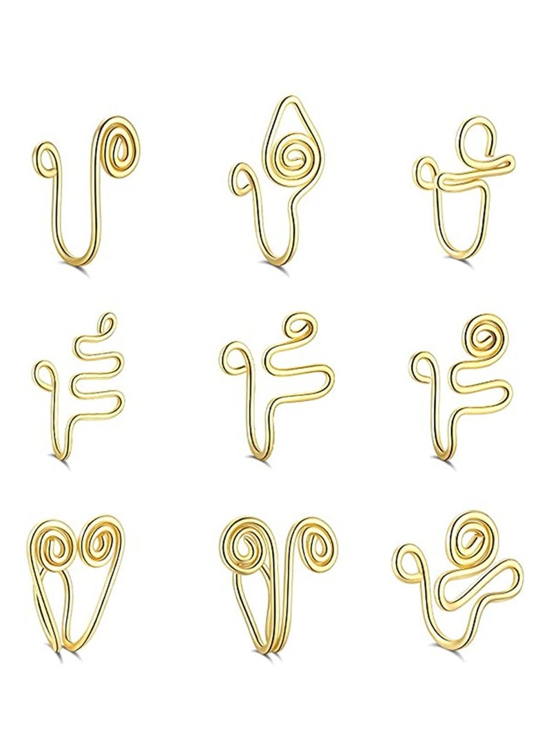 KASTWAVE 9 Pcs African Nose Cuff Non Piercing Gold Nose Cuff Fake Nose Ring Gold Plating Nose Ring Cuffs Set Fake Piercings Tribal Nose Cuff Clip on Nose Ring for Women Men  - Image 1