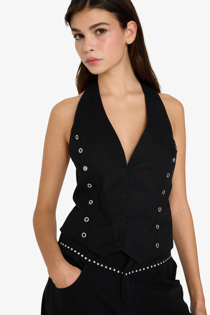 DeFacto Black Woman Halter Collar Gabardine Vest Casual - Image 3