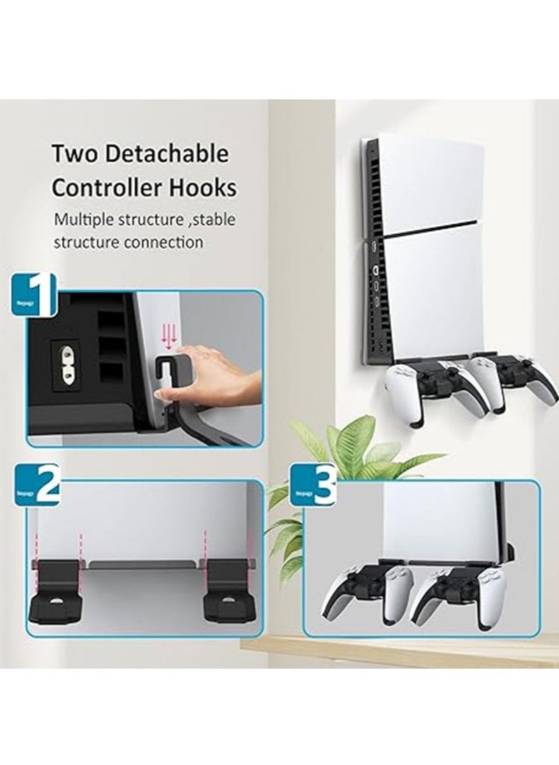 عام حامل جداري لجهاز PS5 سليم - إكسسوارات لجهاز PS5 سليم الإصدار الرقمي/القرص رف طافي خلف التلفاز، مع حاملة 2 وحدات تحكم قابلة للفصل، مجموعة قاعدة معدنية صلبة، تركيب سهل - Image 3