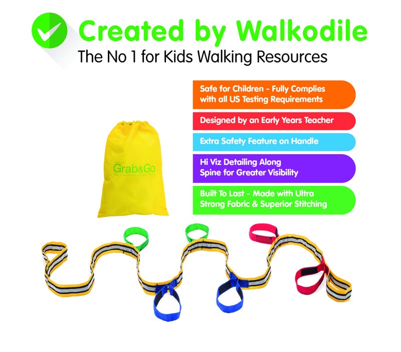 Walkodile Grab & Go Children's Walking Rope (6 child). Teacher Designed. Extra Safety Feature on Handles. Strong Fabric & Heavy Duty Stitching. Includes Learning Games for Walks Guide - Image 2