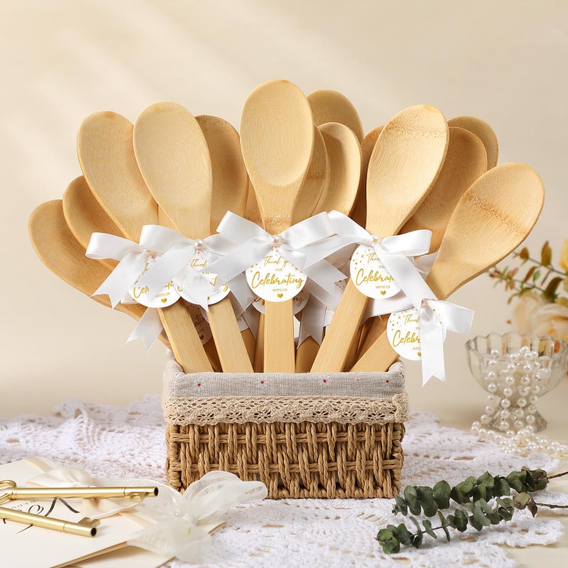 Jingmore 36 Set Bridal Shower Party Favors Bamboo Wooden Spoons with Bow and Celebrating Tags Kitchen Utensils Thank You Gift for Bridal Shower Prizes Wedding Guests Cooking (Gold Star,White Ribbon) - Image 4