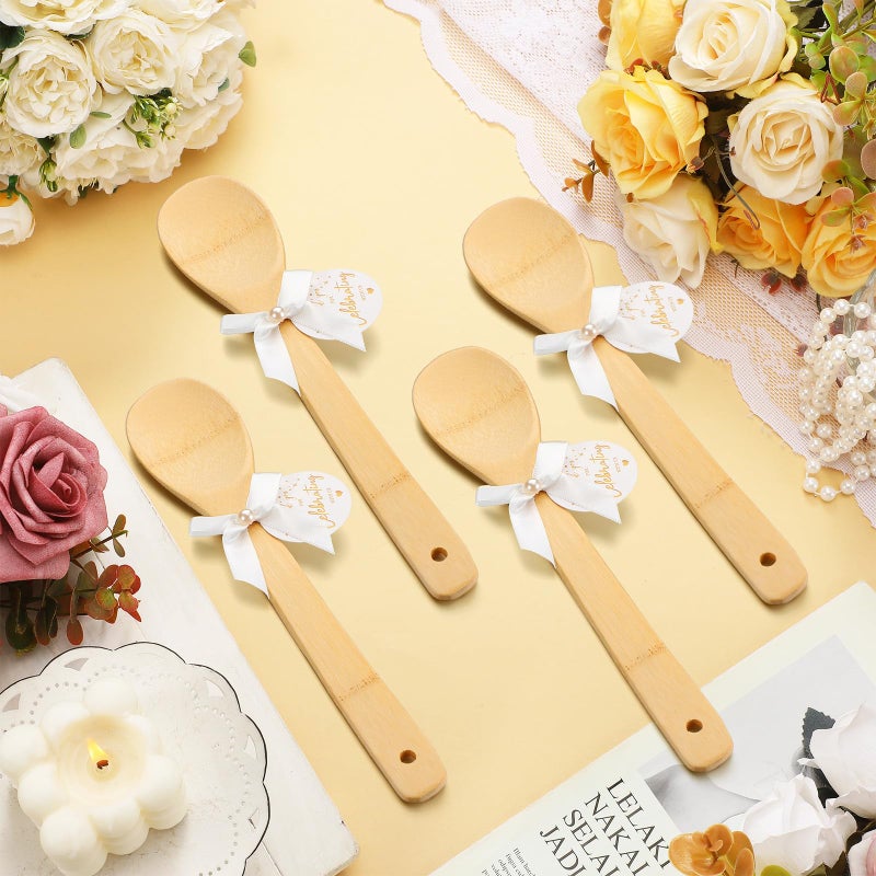Jingmore 36 Set Bridal Shower Party Favors Bamboo Wooden Spoons with Bow and Celebrating Tags Kitchen Utensils Thank You Gift for Bridal Shower Prizes Wedding Guests Cooking (Gold Star,White Ribbon) - Image 3