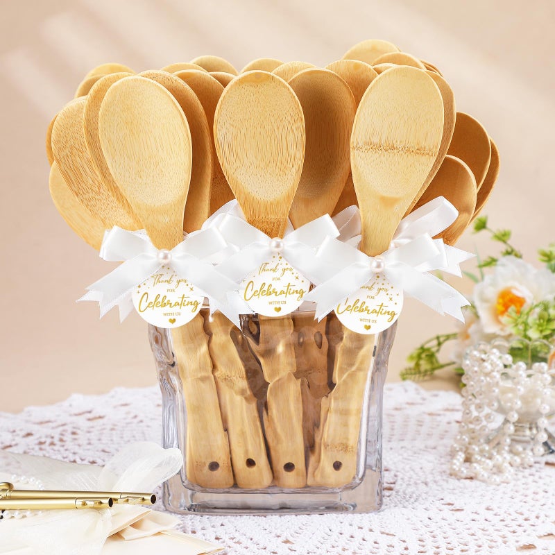 Jingmore 36 Set Bridal Shower Party Favors Bamboo Wooden Spoons with Bow and Celebrating Tags Kitchen Utensils Thank You Gift for Bridal Shower Prizes Wedding Guests Cooking (Gold Star,White Ribbon) - Image 1