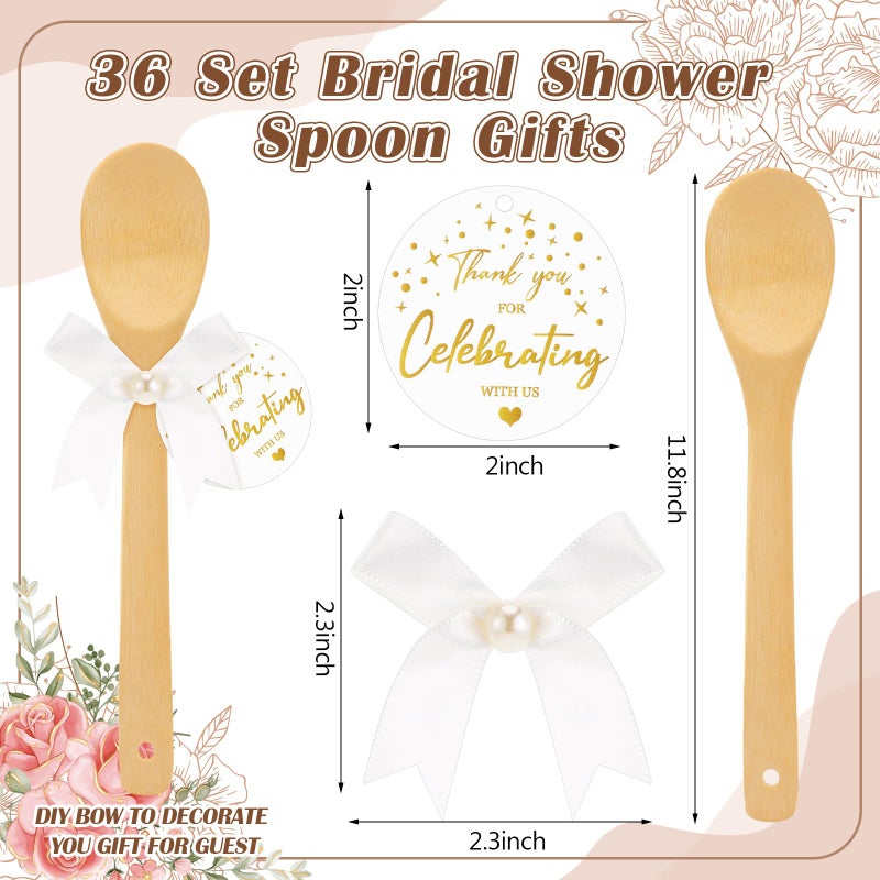 Jingmore 36 Set Bridal Shower Party Favors Bamboo Wooden Spoons with Bow and Celebrating Tags Kitchen Utensils Thank You Gift for Bridal Shower Prizes Wedding Guests Cooking (Gold Star,White Ribbon) - Image 2