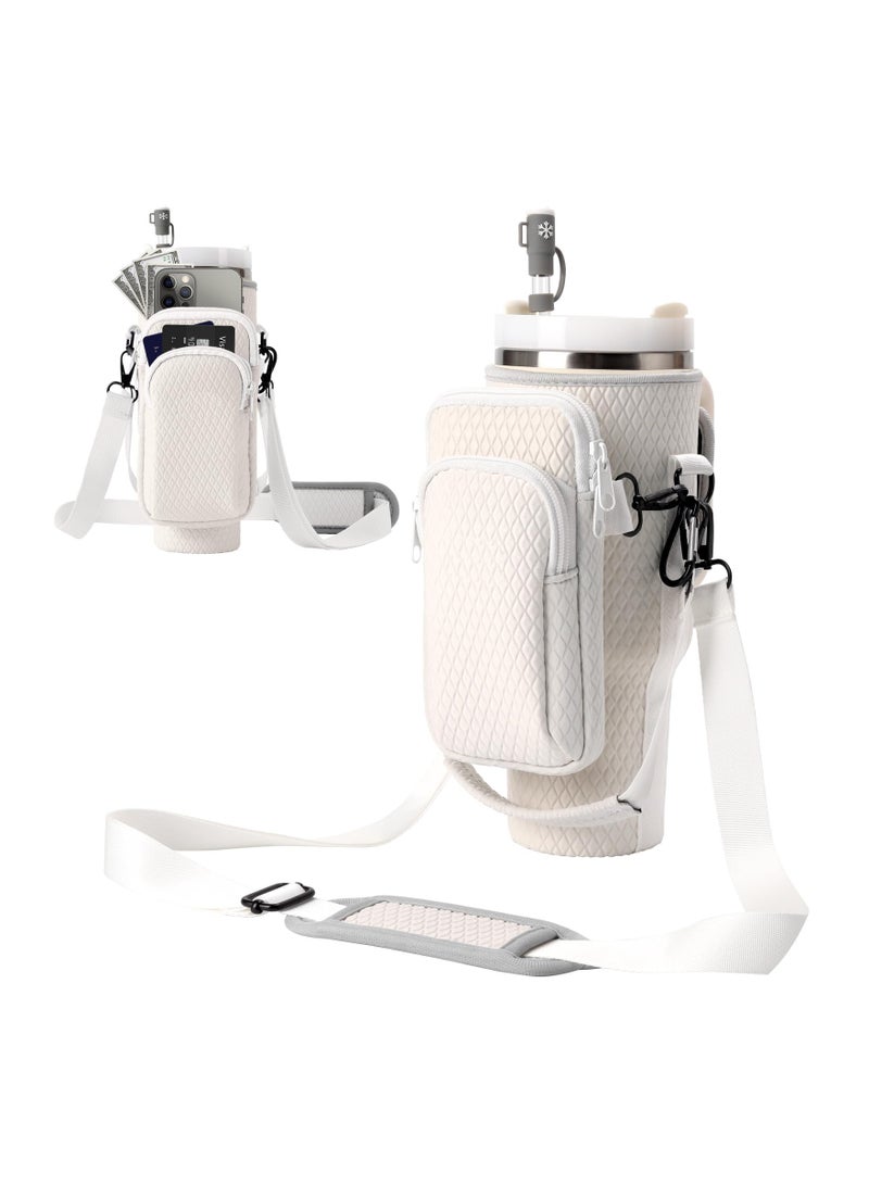 KASTWAVE حقيبة حامل زجاجة الماء لتمبلر ستانلي 40 أونصة، حامل زجاجة الماء مع حزام كتف وجيب هاتف قابل للفصل، حامل زجاجة لتمبلر ستانلي للمشي والتسلق والسفر، بيج - Image 1