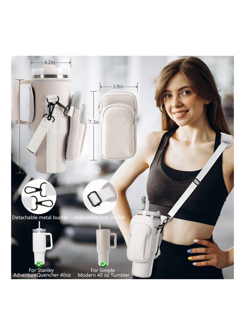 KASTWAVE حقيبة حامل زجاجة الماء لتمبلر ستانلي 40 أونصة، حامل زجاجة الماء مع حزام كتف وجيب هاتف قابل للفصل، حامل زجاجة لتمبلر ستانلي للمشي والتسلق والسفر، بيج - Image 2
