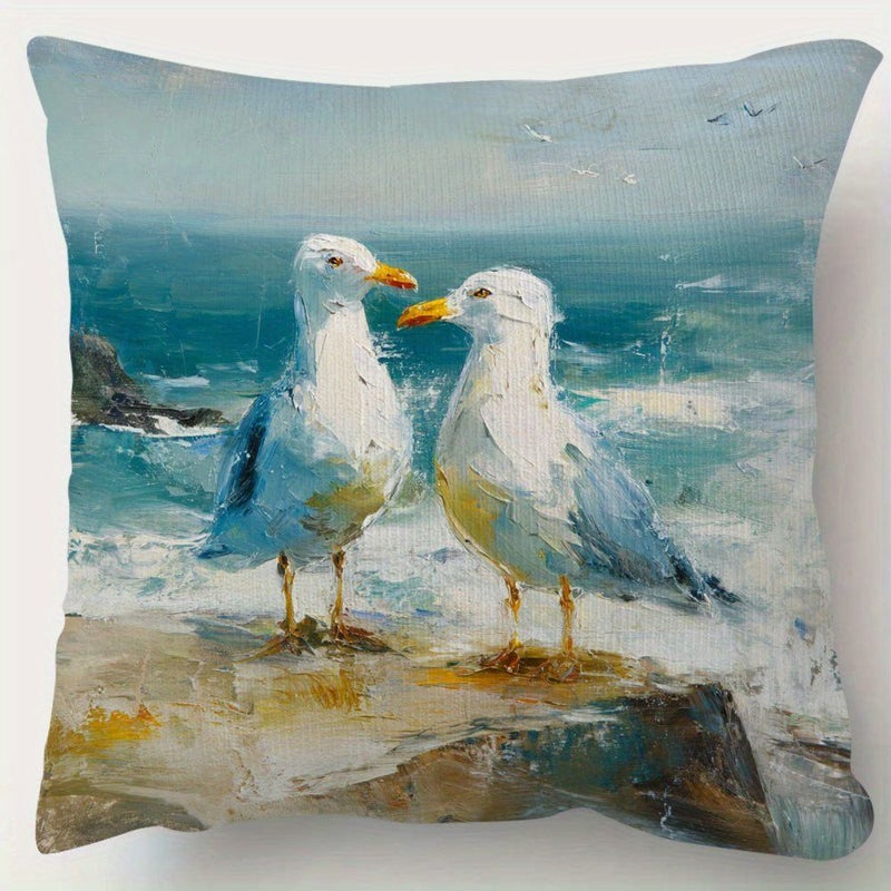Double Sided 18x18 Inch Short Plush Decorative Pillow Cover With Seagull Art - Image 1