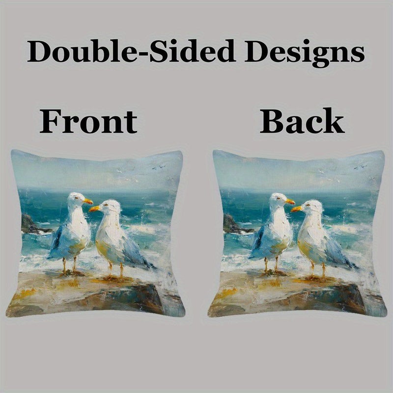 Double Sided 18x18 Inch Short Plush Decorative Pillow Cover With Seagull Art - Image 2