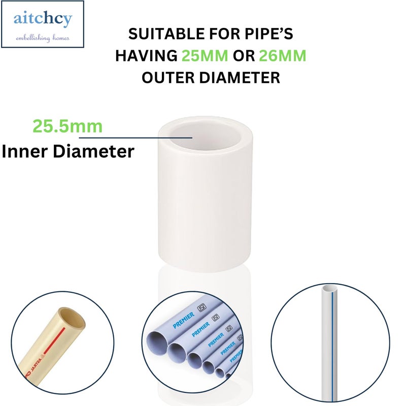 aitchcy PVC socket with Inner Diameter of 25mm | 25 mm PVC Pipe Jointer | uPVC socket for Connecting two pipes of 25 mm | DIY Projects Furnitures & Structures | Coupler (8pc of 25mm Sockets Only) - Image 2
