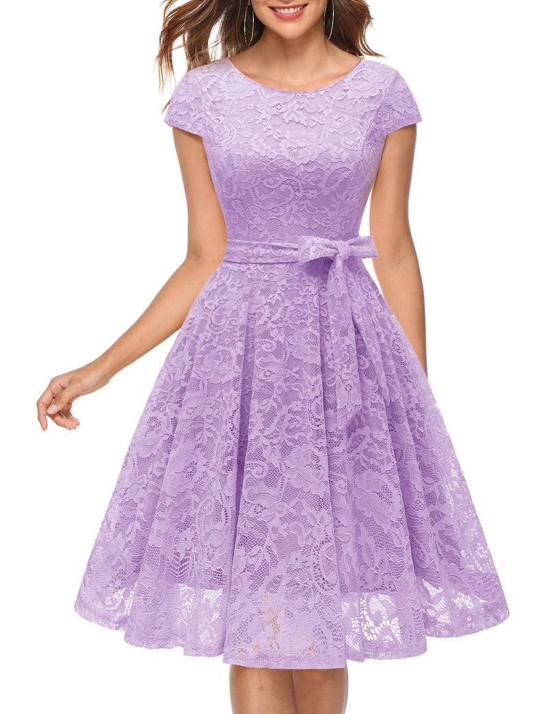 MUADRESS Women Cap-Sleeve Lace Floral Elegant Cocktail Dress Crew Neck Knee Length Bridesmaid Prom Dresses for Party Lavender s - Image 1