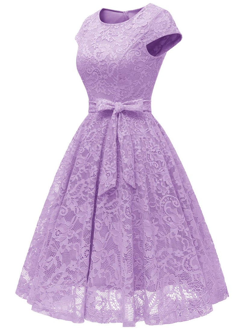 MUADRESS Women Cap-Sleeve Lace Floral Elegant Cocktail Dress Crew Neck Knee Length Bridesmaid Prom Dresses for Party Lavender s - Image 2
