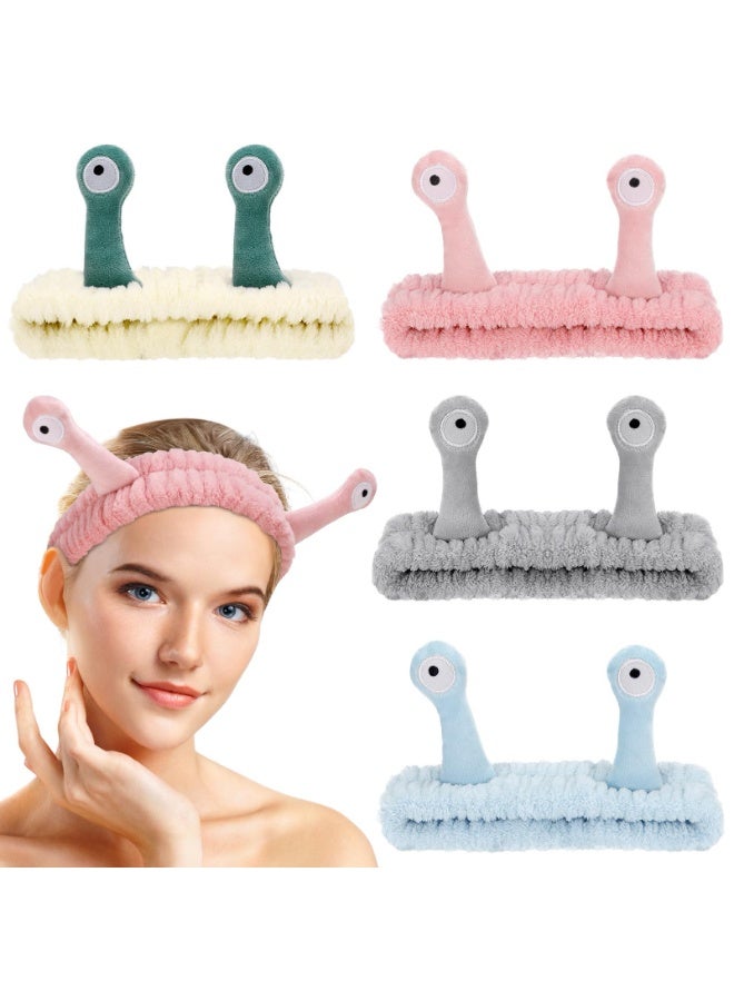 4 Packs Snail Headbands for Washing Face, Coral Fleece Elastic Spa Makeup Hair Bands - Image 1