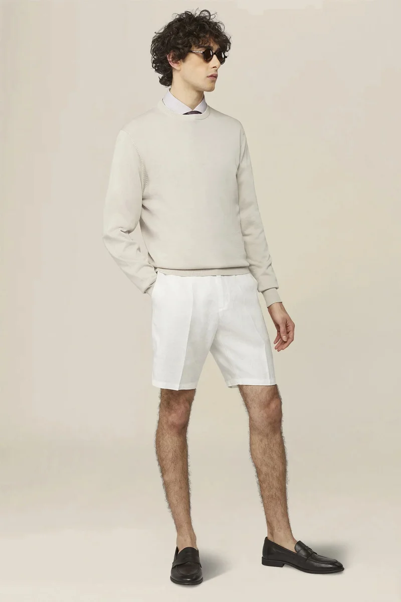 دوبل غانغر Men's 100% linen Bermuda shorts, regular fit - White