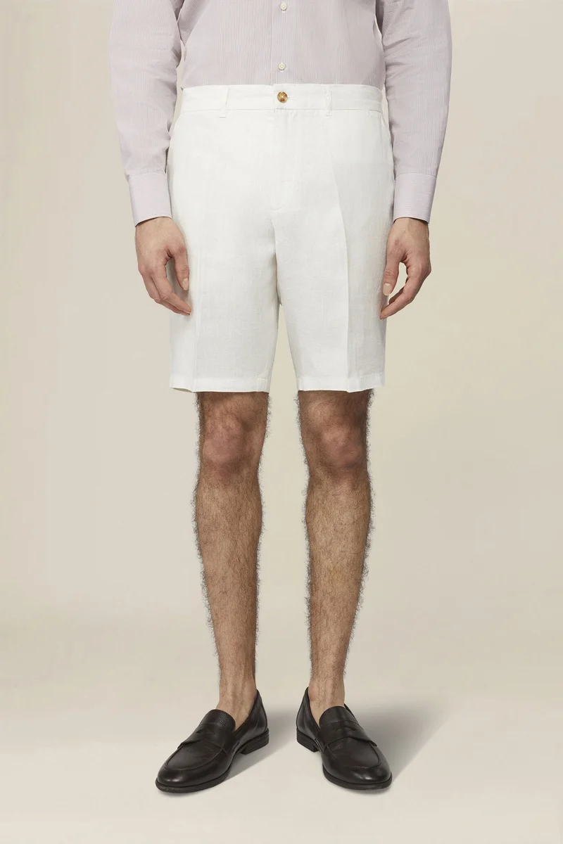 دوبل غانغر Men's 100% linen Bermuda shorts, regular fit - White