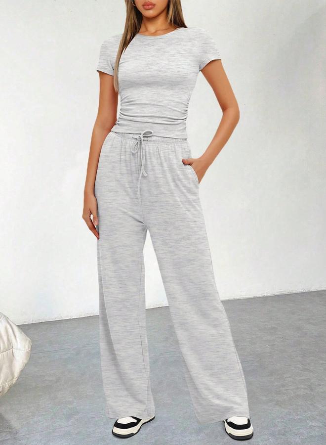 Take Two Grey Solid Crop Top and Pants Casual Co-ord Set - Image 4