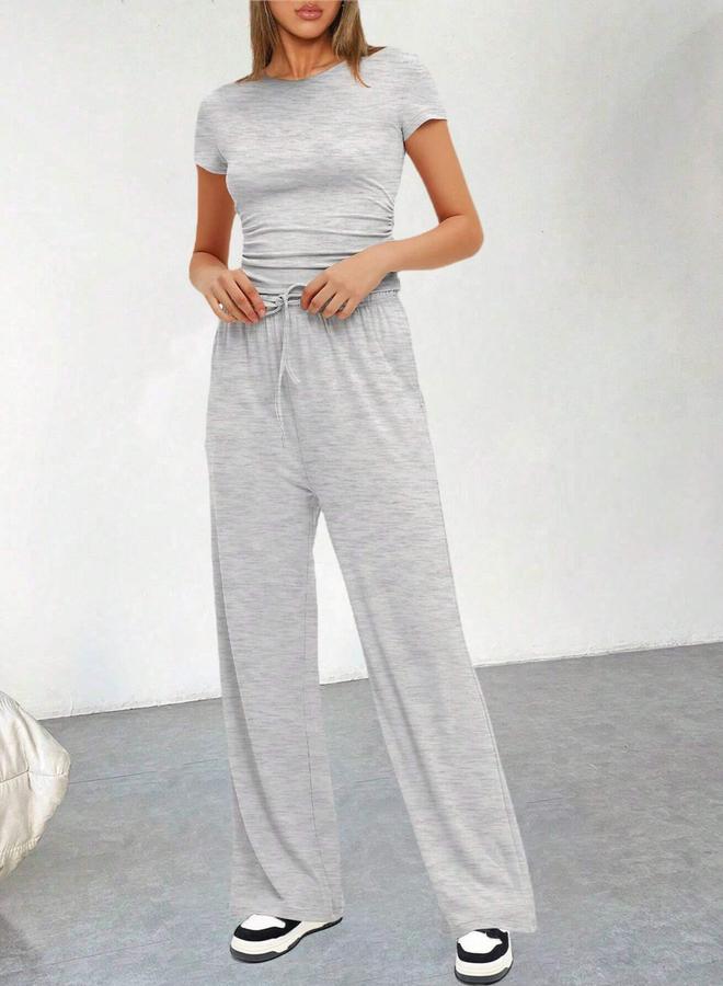 Take Two Grey Solid Crop Top and Pants Casual Co-ord Set - Image 5