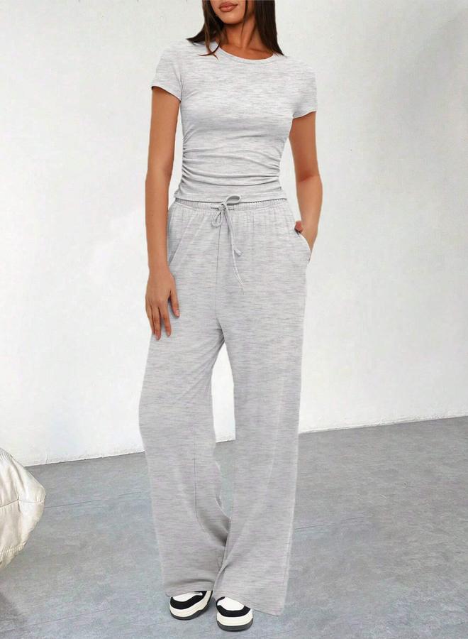 Take Two Grey Solid Crop Top and Pants Casual Co-ord Set - Image 1