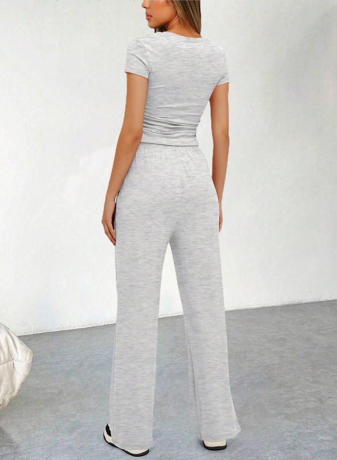 Take Two Grey Solid Crop Top and Pants Casual Co-ord Set - Image 3
