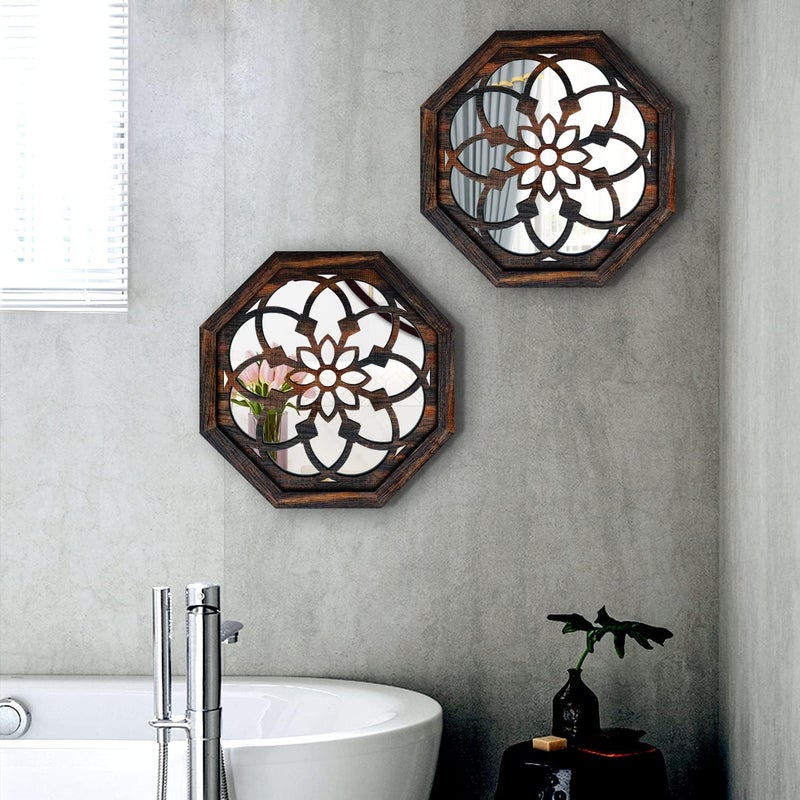 ZOLAPI 2Piece Octagon WallMounted MirrorsVintage Farmhouse Mirror for Wall DecorCaramel Color Decorative Accent Mirror for Foyer Bathroom Bedroom 12x12 - Image 2