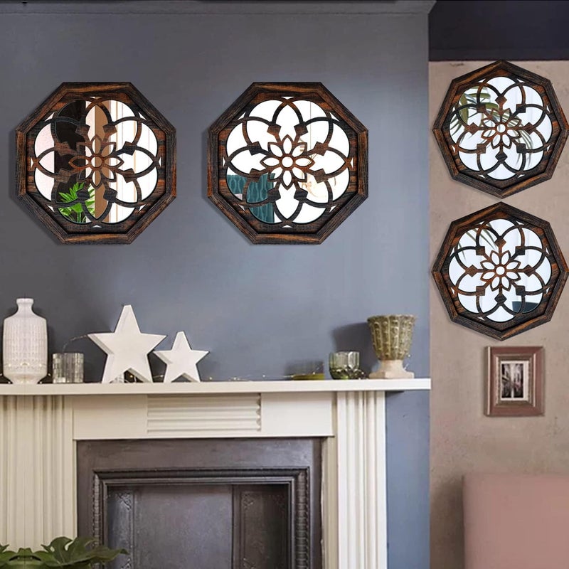 ZOLAPI 2Piece Octagon WallMounted MirrorsVintage Farmhouse Mirror for Wall DecorCaramel Color Decorative Accent Mirror for Foyer Bathroom Bedroom 12x12 - Image 3