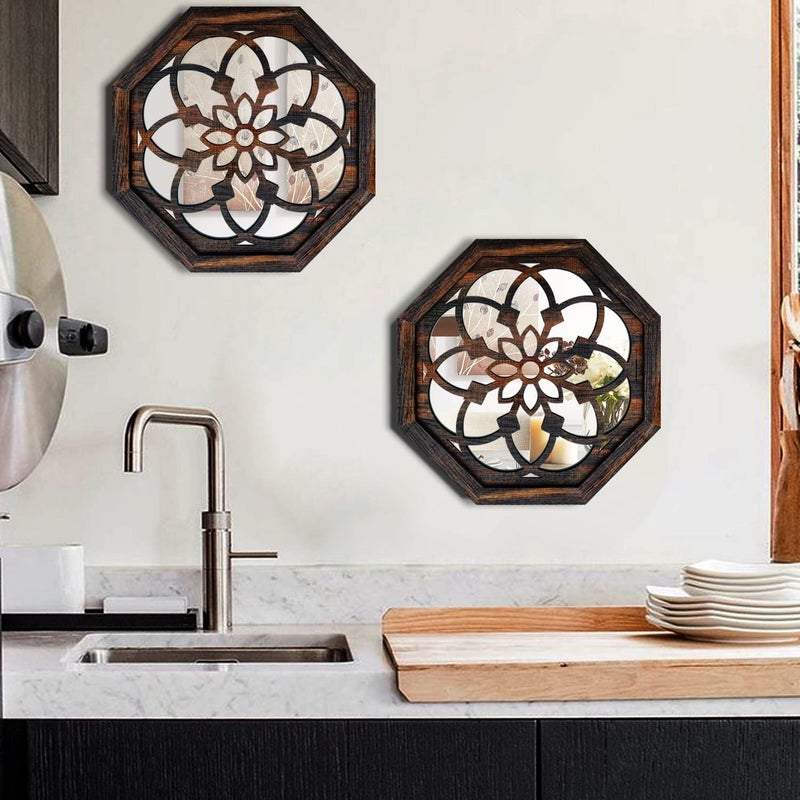 ZOLAPI 2Piece Octagon WallMounted MirrorsVintage Farmhouse Mirror for Wall DecorCaramel Color Decorative Accent Mirror for Foyer Bathroom Bedroom 12x12 - Image 4