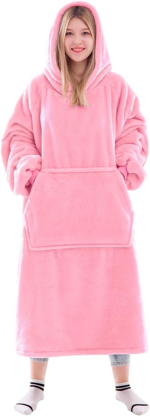 AASTIK SALES AASTIK Wearable Oversized Blanket Hoodie Sweatshirt Sherpa Blanket with Hood Giant Pocket Super Soft Warm Plush Hooded Blanket for One Size Fits All Pink