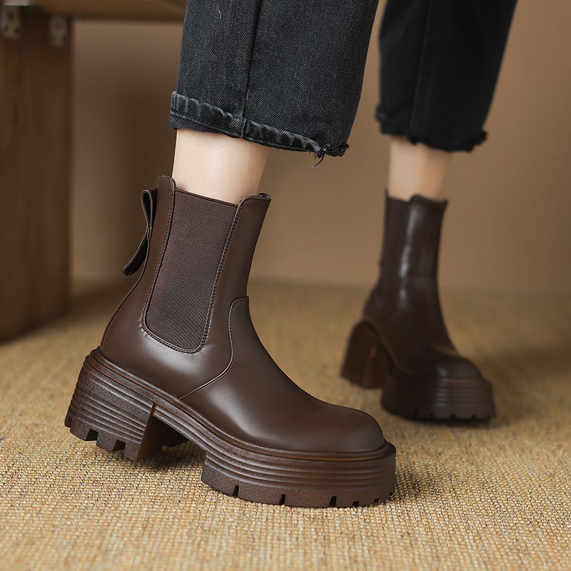 Lazada Style Thick Bottom Round Head High Heel 33-43 Joker Fashion Low Boots For Women - Image 2