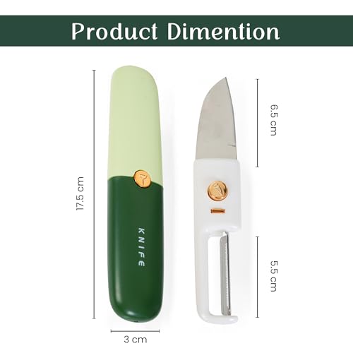 TRUESOLE 2 in 1 Peeler Knife Set – Stainless Steel Foldable Travel Knife with Peeler, Compact & Lightweight, Portable Kitchen Tool for Fruits & Vegetables, Pocket Knife with Case Cover (Green) - Image 2