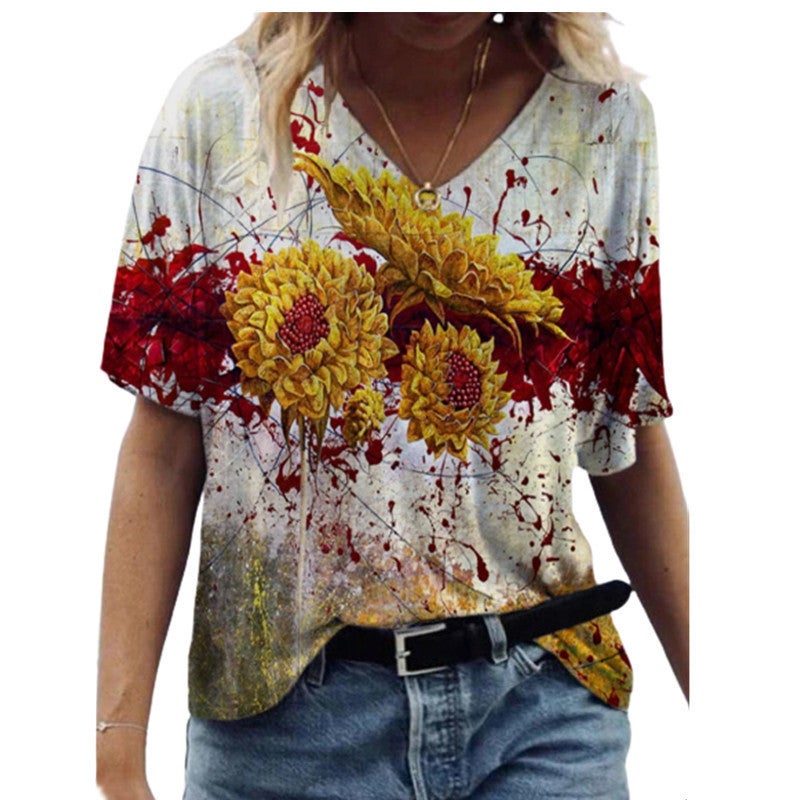 Source Manufacturer Women'S V-Neck Short-Sleeve Top Summer 3D Abstract Print T-Shirt Trendy Sale - Image 5