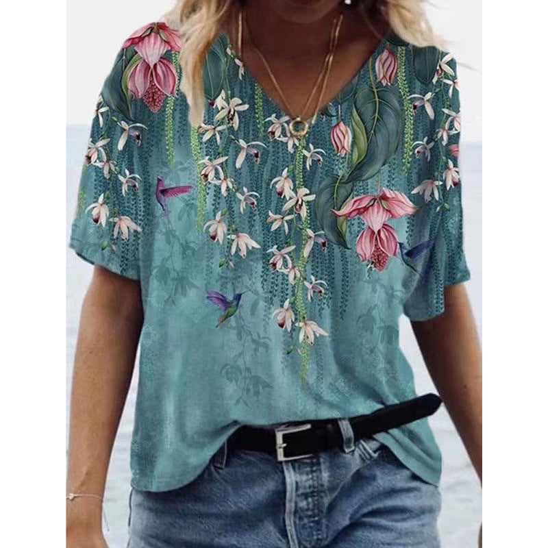 Source Manufacturer Women'S V-Neck Short-Sleeve Top Summer 3D Abstract Print T-Shirt Trendy Sale - Image 1