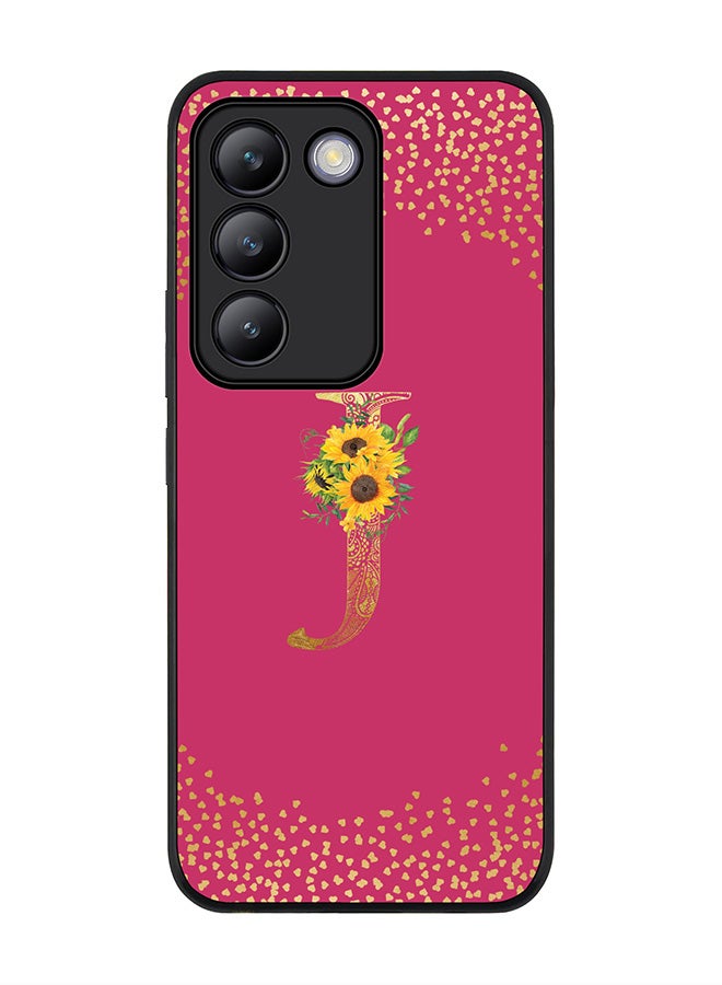 Stylizedd Rugged Black edge case for Vivo V30 Lite 5G, Cover Custom Monogram Initial Letter Mandala Floral Pattern Alphabet - J ( Deep Pink Rose ) - Image 1
