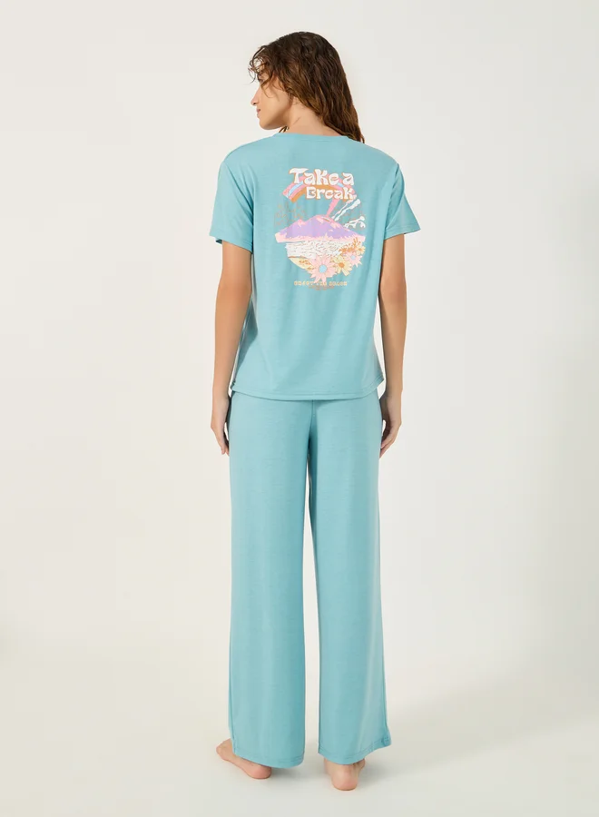 Styli Graphic Print Round Neck T-Shirt and Pyjama Set