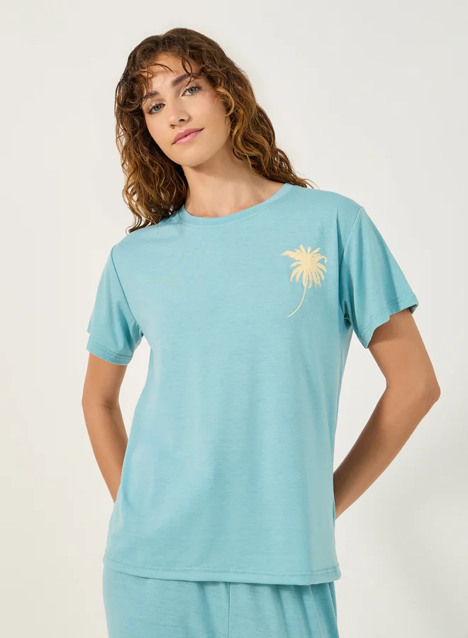 Styli Graphic Print Round Neck T-Shirt and Pyjama Set